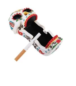 PT White w Colorful Designs Day of the Dead Skull w Open Mouth Resin Ash Tray - Picture 1 of 1