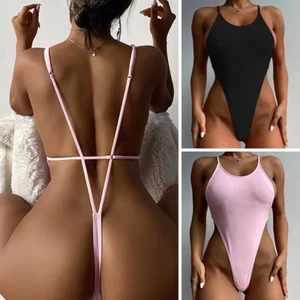 Womens Sexy Thong One Piece Swimsuit High Cut Out Monokini String Bathing Suits - Picture 1 of 33