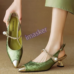 Women's Summer Pointy Low Heel Buckle High Heels Pumps Sandals Party Shoes - Picture 1 of 26