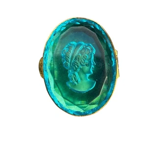 Antiques Reverse Cameo Pill Box Blue Glass Gold Tone Box - Picture 1 of 10