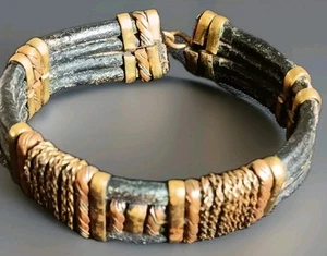 Dark Leather Hand Crafted Bracelet With Brass And Copper Accents - Picture 1 of 7