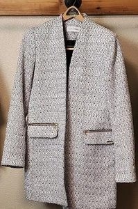 Calvin Klein Women's Plaid Tweed Over Sized Topper Jacket Salt N Pepper Size 8 - Picture 1 of 11