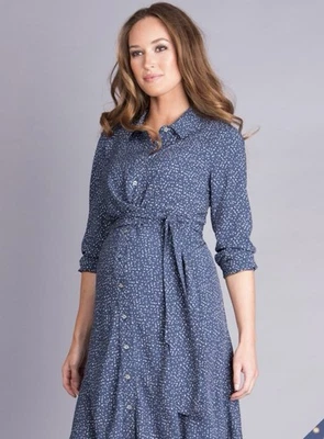 SERAPHINE Long Sleeve Buttoned Maternity Dress Size 6 Navy White Dots Tied - Image 1 of 4