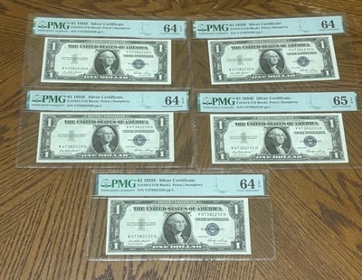 PMG EPQ 64 & 65 $1 1935-E Silver Certificate Consecutive Serial Numbers Lot of 5 - Image 1 of 3
