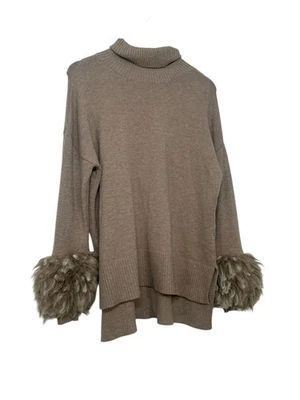 Saks Fifth Avenue Med Tan Knit Pullover Sweater Faux Fur Sleeve Cuffs Turtleneck - Image 1 of 4