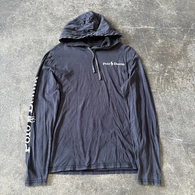 Moletom com capuz Ralph Lauren polo masculino S preto denim suprimento desbotado leve - Imagem 1 de 4