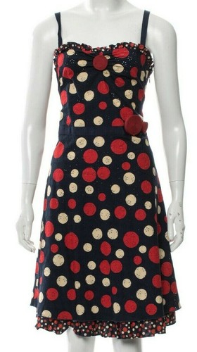 Abito da sole Moschino Jeans crema italiana blu navy rosso a pois occhielli volant bottoni USA 10