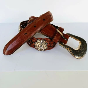 FOSSIL Belt Braided Woven Leather Boho Silver Tone Flower Detail 35'' - Picture 1 of 9