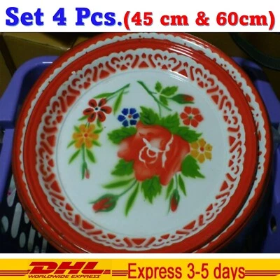 4x 45 cm 60 cm Enamel Thai  Big Tray Dish Plate Serving Enamelware Round Floral  - Image 1 of 4
