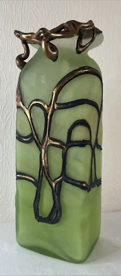 Vintage Handmade Art Glass Vase – Rustic Metal-Coated Green “Bulb” Design - Image 1 of 4