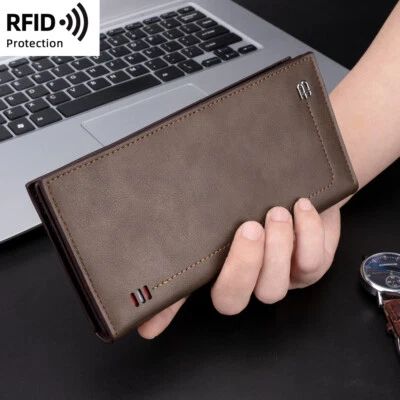 Men's Leather Wallet RFID Blocking Bifold Card Holder Long Clutch Billfold Purse - Image 1 of 4