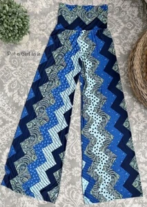 USA JUP Womens J UP FOLD OVER BLUE SILKY BOHO CARIBBEAN TALL PALAZZO PANTS S M - Picture 1 of 4