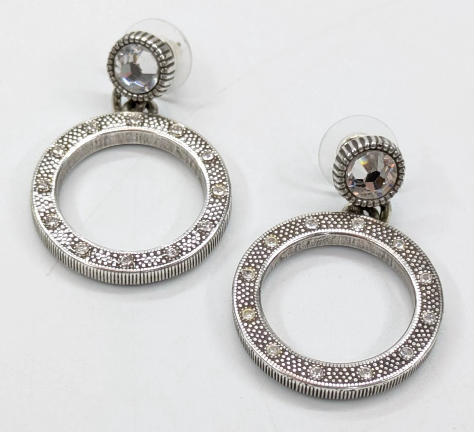 Brighton "Starburst" Hoop Rhinestone Drop Pierced Earrings Silver Plated 1.5" - Image 1 of 4