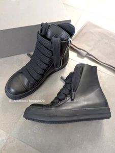 *NEW* RICK OWENS SAMPLE JUMBO LACE LEATHER RAMONES SNEAKERS (TRIPLE BLACK, 44) - Picture 1 of 14