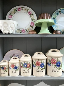 5 French Kitchen Jars, Coffee Sugar Tea Etc Pottery Canister Set, Vintage Decor - Picture 1 of 12