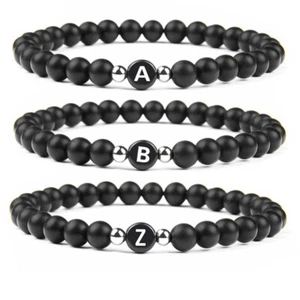 Bracelet Black Bead Initial Letter Lava Stone Smooth For Men Women Girl 6 MM - Picture 1 of 39