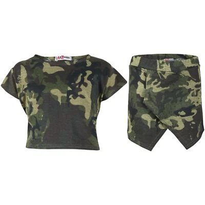 Girls Tops Camouflage Green Crop Top & Skort Skirt Shorts Summer Clothing Sets - Image 1 of 2