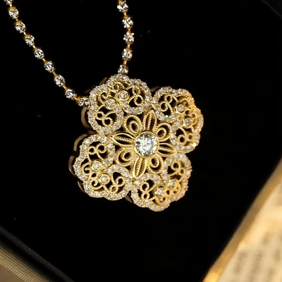 Lucky Four-Leaf Clover Flower Lady Pendant Natural Diamond Solid 14K Yellow Gold - Image 1 of 4