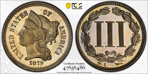 1879 Three Cent Piece (Nickel) PCGS PR-66 Cover
