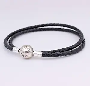 38cm Authentic PANDORA Black Leather Charm Bracelet Double Wrap #590745CBK-D - Picture 1 of 6