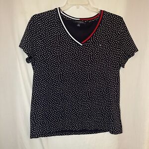 Tommy Hilfiger Flag Tee Navy Blue White Dot V-Neck Women's XL Classic 90's Look