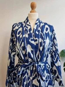 Indian Blue Ikat Cotton Robe Long Kimono Sleepwear Night Suit Kimono Bath Robes - Picture 1 of 6