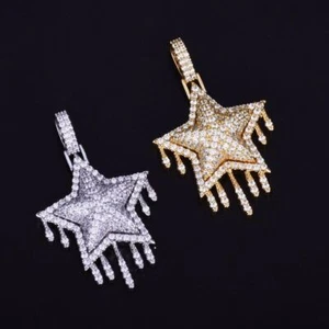 Mens Drip Drop 18k Gold Silver SP Super Star Flooded Ice Pendant Chain Necklace - Picture 1 of 8
