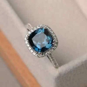 2,2 kt gepolsterter natürlicher Londoner Blautopas Heiligenschein Ehering 14 K Weißgold plattiert - Bild 1 von 11