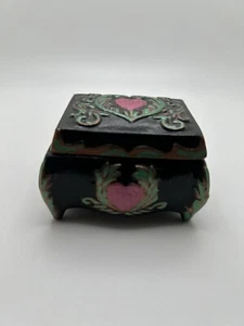 Vintage Trinket Box Hand Painted Crafted Ceramic Pink Hearts 1974 Ornate Black - Picture 1 of 8