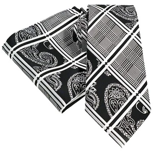 Tie Pocket Square Set Grey and Black Patterned Handmade Mens Wedding - Picture 1 of 8