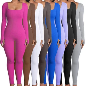Women Long Sleeve Jumpsuit Square Neck Long Sleeve Full Length Leggings Bodycon - Picture 1 of 43
