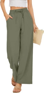 Women Pants Flowy Pants Drawstring Waist Wide Leg Palazzo Beach Pants Loose Fit - Picture 1 of 13