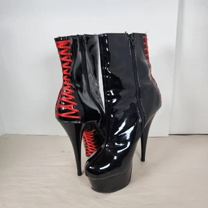 Pleaser schwarz rot Lack FLAM 8" Absatz Korsett Stiefeletten Peeptoe Pinup Kostüm - Bild 1 von 12
