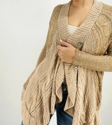 Free People Cardigan Small Grunge Boho Oversized Indie Sleaze Cape Draped Tan - Image 1 of 4
