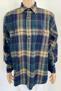 Vintage Pendleton USA L Long Blue Green Check Plaid Pure Wool Button Up Shirt - Picture 1 of 19