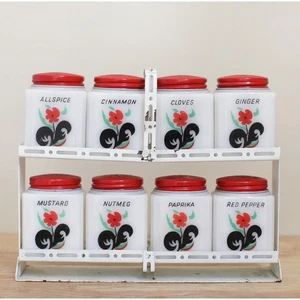 McKee Tipp City Spice Set in Metal Rack Complete 1930s Milk Glass Spice Jar Set - Picture 1 of 10