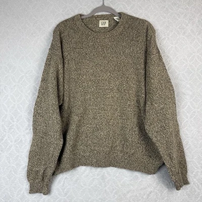 Vtg Gap Chunky Knit Sweater Men L Heather Tan Gray Cotton Crewneck Cabincore 90s - Image 1 of 4