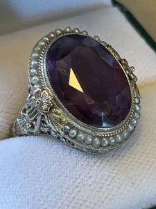 Vintage 14k White Gold / Amethyst Fashion Ring Sz 9 - Picture 1 of 8