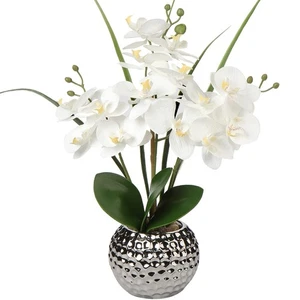 20 White Faux Orchid, Silver Vase, Fake Phalaenopsis Flower, Home, Office - Picture 1 of 8