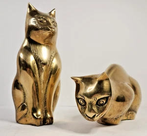 VTG Brass Cats Crouching and Sitting Statue, Brass Decor,Mid Century Style-Korea - Picture 1 of 12