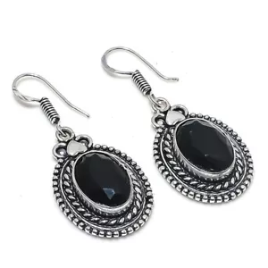 Black Spinel Gemstone Handmade 925 Sterling Silver Jewelry Earring Sz 1.5" - Picture 1 of 1