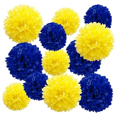 Pompones de papel azul marino y amarillo decoraciones para colgar techo de fiesta Tis... Foto 1 de 4