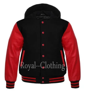 Varsity Letterman Baseball Hoodie schwarz Wolle und rot Echtlederärmel - Bild 1 von 4