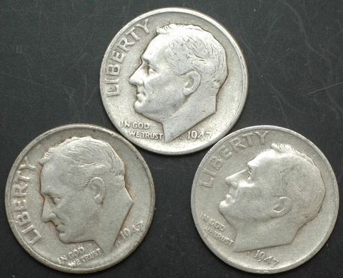 1947-P-D-S Roosevelt silver dime year set of 3 coins Cover