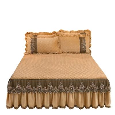 Antique Lace Velvet Bedspread Skirted Quilted Cotton King Queen Size Bed Cover - Image 1 of 4