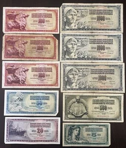 YUGOSLAVIA 1965-1986 5 20 50 100 500 1000 Dinara 10 Banknotes - Picture 1 of 2