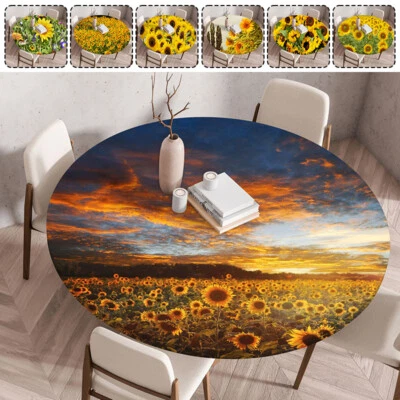 Waterproof Sunflower Printed Round Tablecloth Elastic Picnic Outdoor TableCover. - Image 1 of 4