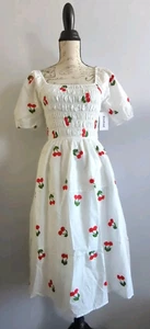 Vestido Midi Kindred Talla Pequeña Blanco/Rojo Cereza Bordado Calado Nuevo con Etiquetas - Imagen 1 de 9