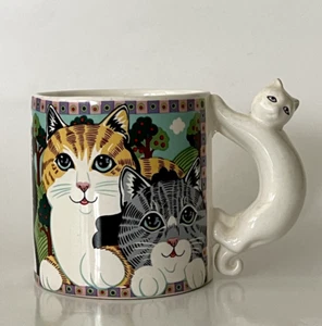 Russ Berrie & Co Tabby Cat Mug With White Cat Figural Handle Vintage - Picture 1 of 8