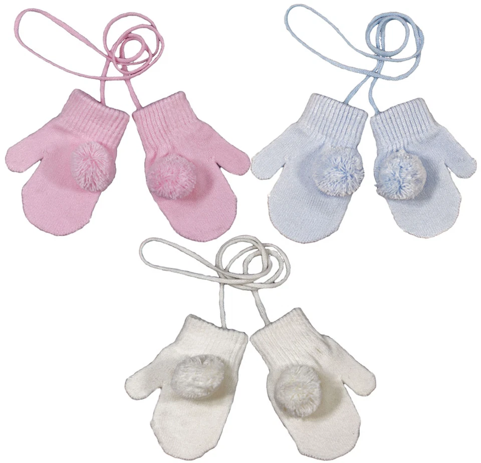 Baby MITTENS Mitts String Knitted Gloves POM POM Spanish   - Image 1 of 1